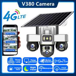 15MP Solar Camera 4G SIM Security Outdoor Dual Lens 10x Zoom Recording Humanoid Tracking Color Night Vision PTZ Cam 3 lens 3 screen Image