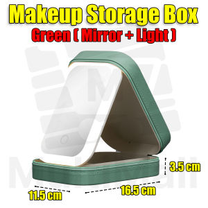 Makeup Storage Box Green with 3 Color Lights Portable Rechargeable HD Mirror Touch Screen Button Compartment Storage Smooth Zipper Design