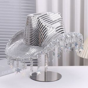 OEUVR Silver Sequin Western Cowboy Hat Gold Shiny Cowgirl Hat Retro Star Tassels Sun Hat Ladies