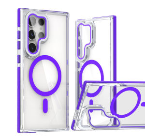 KISSCASE Bicolor Clear With Glass Lens Bracket Stand Phone Case For Samsung S24 S23 S22 Ultra Plus Magsafe Wireless Charging Transparent PC+TPU Anti-fall Shockproof Back Cover Samsung S24 S23