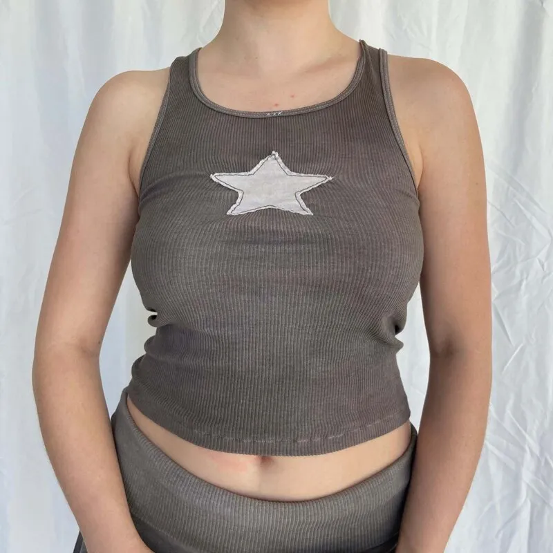Y2K Star Patterm Vintage Tank Top 90s 00s Aesthetic Retro Cropped Summer  Casual Sleeveless Rib Knit Vest Harajuku Grunge Clothes