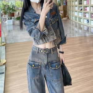 Kayleigh Women Clothing Two-piece Set Spring and Autumn Fashion Denim Jacket+Straight Leg Wide-leg Pants Casual Women Outfit