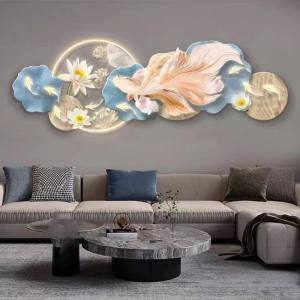 Tranh treo tường đèn led cá và hoa sen 6 uv mặt mica sáng bóng kèm đinh