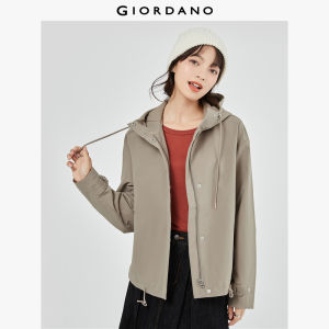 GIORDANO Women Jackets Pleated Sleeve Loose Windbreakers Zip Front Solid Color Simple Fashion Casual Hooded Jackets 05373722