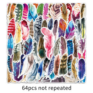64PCS Colorful Feather Creative Cartoon Sticker Waterproof Decorative Trolley Box Battery Car Bicycle Milk Tea Cup Cosmetic Mirror Storage Box Sticker