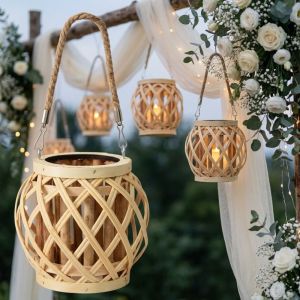 SEKINEW Hand-Woven Bamboo Lantern Rattan Material Natural Bamboo Hanging Decor Vintage Style Portable Handle Rattan Candle Holder Outdoor Hanging