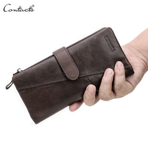 CONTACTS Genuine Cowhide Leather Men Wallets Fashion Purse With Card Holder Vintage Long Wallet Clutch Money Bag