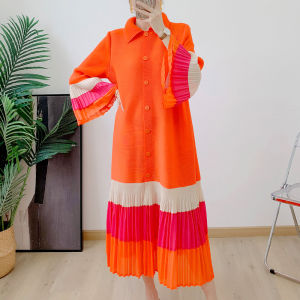 Miyake Pleated French Style Design Color Stitching Turnover Neck Loose Slim Fit Long Dress Temperament #92392 #YS23233