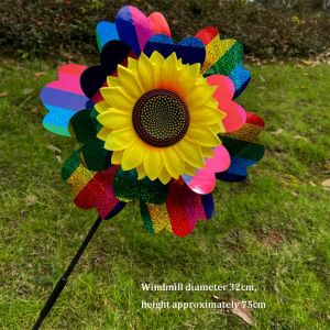 WININ Hai lớp Cối xay gió hướng dương cầu vồng Đường kính 32/38/40cm PVC Hoa hướng dương xoay lấp lánh  Đa phong cách Cánh quạt gió sân vườn Trang trí tiệc ngoài trời
