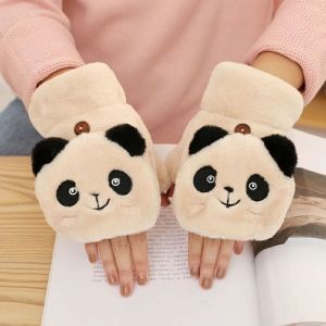 MAYIT Cute Panda Flip Half Finger Gloves Imitation Rabbit Hair Soft Warm Mittens Women Girls Plush Touch screen Gloves