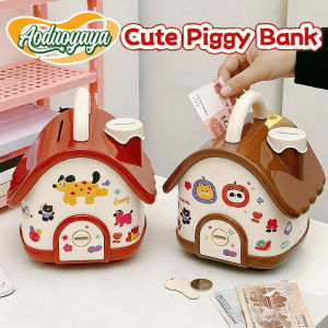 Aoduoyaya House Piggy Bank Cute Money Saving Box DIY Coin Banks with Lock and Sticker Kids Gifts