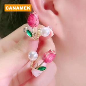 【CANAMEK】 Korean Light Luxury Tulip Imitation Pearl Stud Earrings For Women Two Ways To Wear Ear Studs for Girls Daily Party Jewelry