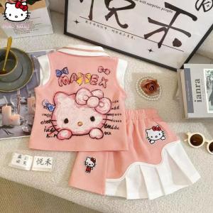 Christmas gifts Halloween Anime Sanrio Hello Kitty Girls Dress Kawaii Sleeveless T Shirt Pleated Skirt  Jk College Style Cartoon Comfort Casual Set