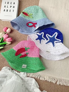 Crochet rơm Mũ tai bèo cho phụ nữ nữ thoáng khí phim hoạt hình mũ ngư dân Nhật Bản phong cách mũ nón bãi biển rỗng Mũ che nắng