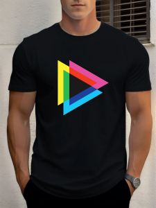 2025 Summer Mens Cotton T Shirt Color Triangle Trendy Print Round Neck T-Shirt Casual Breathable Street Style Daily Top