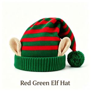 BG9T Striped Christmas Elf Hat with Pom Pom 3D Elf Ear Striped Knit Hat Elastic Stocking Cap Christmas Knit Hat Holiday Gift