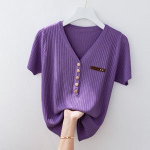 Polo Shirt Women 2022 Summer New Ice Silk Short Sleeve Knitted Shirt Women Korean Style Loose Slim V-Neck Half Sleeve T-Shirt Tops for Women