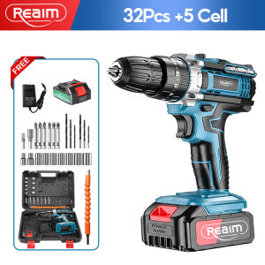 REAIM Cordless Drill Set Heavy Duty Impact Wrench Screw Driver Hammer Barena Drill 32pcs 3 IN 1