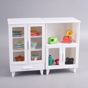 YAFEN 1Set Miniature White Cupboard Display Cabinet Storage Lockers +ornament Furniture Model Decor Toy DollHouse Accessories