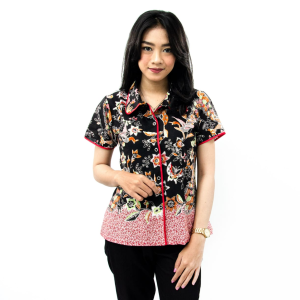 S-M-L-XL-XXL-3XL-4XL-5XL-FASHION WANITA BATIK WANITA ATASAN BLOUSE KEMEJA BATIK- BATIK DUA PUTRI PEKALONGAN = HEM BURUNG HITAM