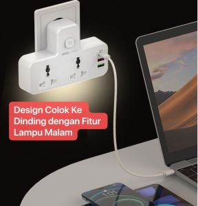 SC2311 Socket LED Night Lamp 2 Socket 1 Type C 3 USB Port 3A 20W Adaptor Steker Colokan Steker Cabang 2 Outlet 3 USB