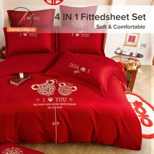 Dansunreve Wedding Bedding Set Luxury Red Fitted Bedsheet Set Queen King Super King Floral Blessing Love Fittedsheet Duvet Cover Pillowcase 结婚四件套