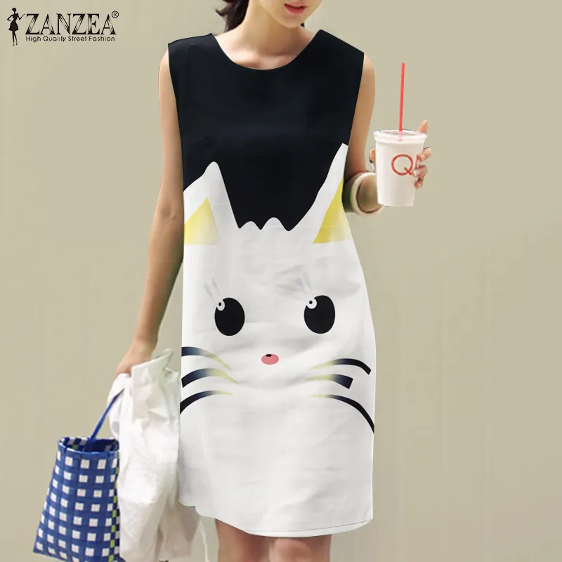 HijabFab ZANZEA Womens Cute Cat Printed Sleeveless Dress Korean