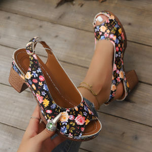 [Free Shipping] Plus-Size Open-Toe Single-Strap High-Heeled Sandals For Women New Style Chunky Heel Patterned Fashionable Sandals