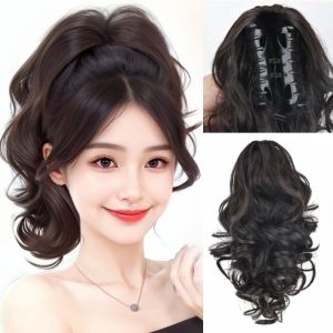 LAOO คลิปเข้า วิกผมแบบคลิปหนีบหางม้า ฟูฟ่อง ต่อผมม้า แฮร์พีซหางม้า ของตกแต่งผม ธรรมชาติ หางม้าสั้นคลื่นหยิก สำหรับผู้หญิง