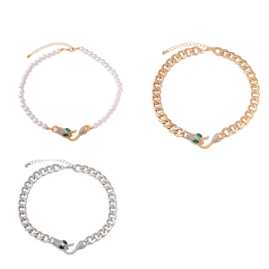 Edgy Pythons Charm Choker Necklace with Black Silver Zircon Cuban Link Chain for Anime Aesthetic Look Styles Wear