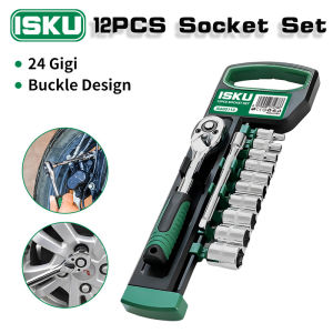 Isku Kunci Sok Socket Set 12pcs 1/4 Inch Mata Sok Set Extention Bar Bahan Cr-V Kunci Pas Ratchet