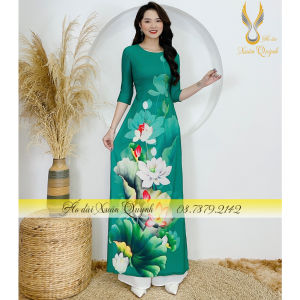 Áo Dài Sen Trắng Xanh Ngọc Lục Bảo Thanh Lịch Lụa Habutai K100 - Áo Dài Xuân Quỳnh