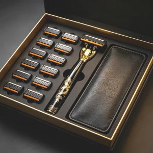 Dao cạo tay lưỡi 6 tầng tay cầm họa tiết rồng vàng đen dao 6 lưỡi kèm giá đỡ
