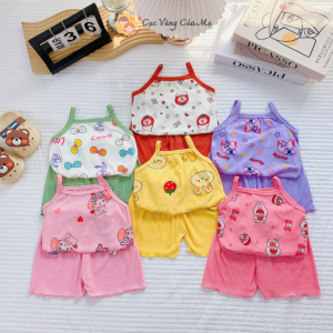 Bộ 2 Dây Cho Bé Gái Mặc Nhà Thun Tăm Gân Bộ hai dây bé gái thun tăm lạnh Từ 6kg Đến 16kg Hoạ Tiết Đáng Yêu [049]