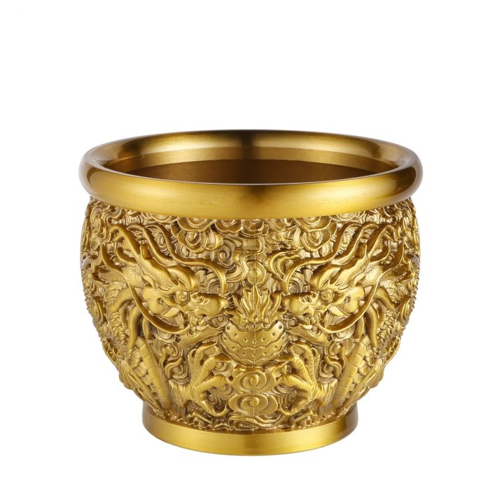 Double Dragon Brass Treasure Basin, Feng Shui Wealth Attracting Antique ...