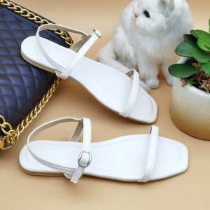 Flat Square Toe Ankle Strap Plain Leather Sandals ||  Ashley