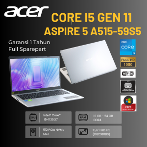 LAPTOP ACER ASPIRE 5 A515-56G-59S5 / 24GB RAM / 512GB SSD / NVIDIA GEFORCE MX450 (2GB) / WIFI 6 / BACKLIT KEYBOARD / 156" FULL HD IPS (1920X1080) / FREE INSTALL WINDOWS 11 / GARANSI 1 TAHUN