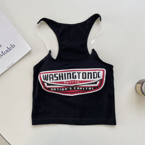 เสื้อกั๊กขนาดเล็กรู้สึกบางสลิมสั้นตัวอักษรพิมพ์แขนกุดด้านบนผู้หญิง