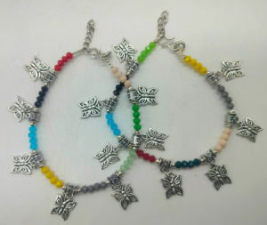 Handcrafted Silver Butterfly & Multicolor Beads Anklets – 24cm | Girls’ Fashion Jewellery | Valentine’s & Friendship Gift – Pack of 2 pcs