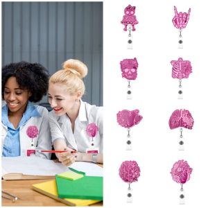 COLOO Skull Nurse Retractable Badge Reel Acrylic Pink Hospital Badge Holder Creative ID Card Clips Name Card Holder Students