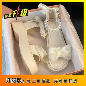 [Free Shipping] Thick-Soled Platform Sandals With Bow Detail WomenS Summer New Style Perfect With Dresses Pearl Roman Sandals