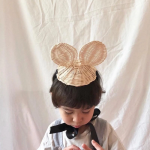 Lovely Children Decorative Hat Hand-woven Rattan Hat Cartoon Cute Mickeys Rabbit Lace Up Hat for Summer Holiday