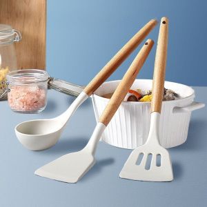 3PCS/Set Kitchen Utensils Spatula Food Grade Non-Stick Cooking Tools Set White Silicone Wooden Handle Household Cooking Accessory