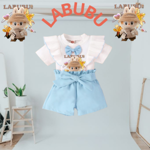 Labubu Setelan Baju Anak Perempuan Motif Kartun dengan Celana Pendek - Usia 6 Bulan - 6 Tahun
