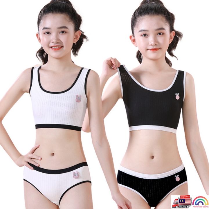 Teenage Girl Training Bra & Panties Cotton Bra Top and Bottom Skin-Friendly Sports  Bra (One Set)