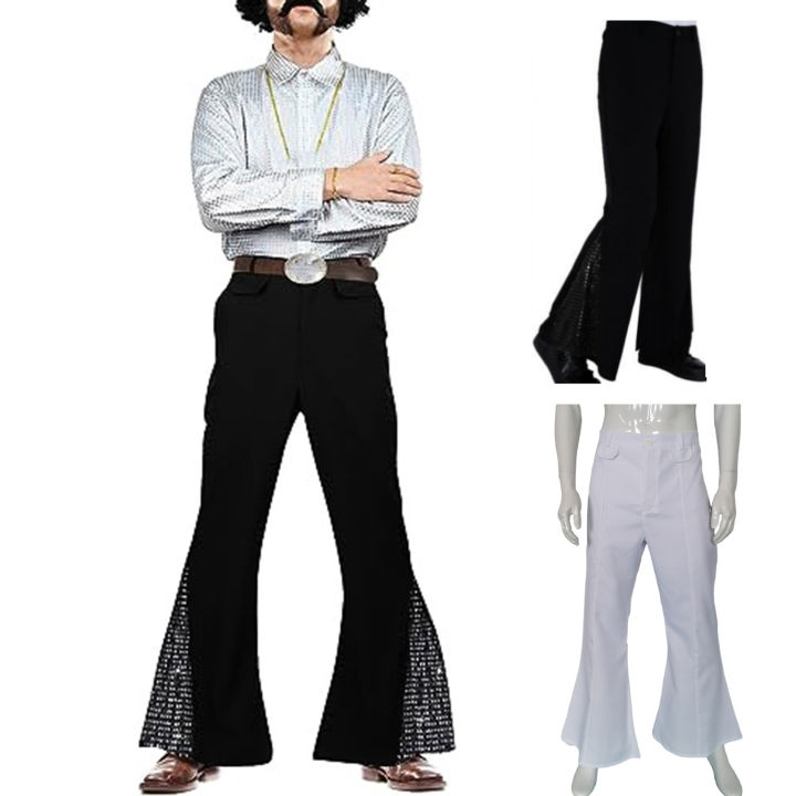 guyouzi® Men Vintage Pants 60s 70s Shiny Sequin Flared Hem Hippie