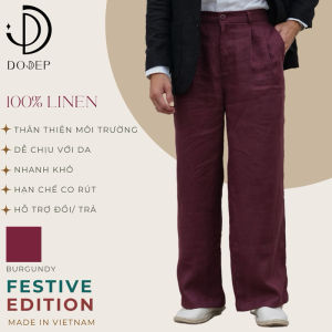 DODEP Quần dài nam 100% linen premium xếp ly màu đỏ rượu Burgundy lưng bản