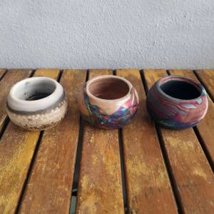 RAAQUU Tsuchi Raku Art Pottery Planter Pot Mixed Finish Set of 3 for Indoor plants cactus Handmade Ceramic Home Decor Gift