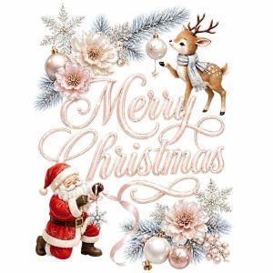 DOOUR Static Merry Christmas Window Sticker Pink Cartoon Santa Deer Shopwindow Decorative Sticker Creative Balloon Flower Glass Cling Decals Christmas Season