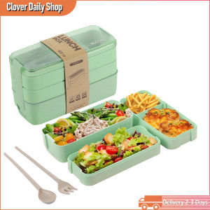 3 Layers Lunch Box Wheat Straw Stackable Leakproof Microwaveable Bento Box Picnic School Office Food Container 900ML